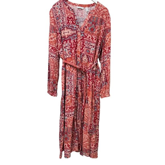 Denim & Co. Canyon Retreat Printed Tiered Midi Dress Size XL Rayon Coral Red - Picture 1 of 10